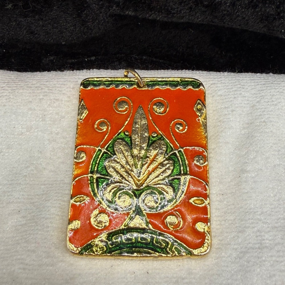 Vintage Estate Egyptian Revival Pendant Gold Tone Enamel Two Sided Rectangular